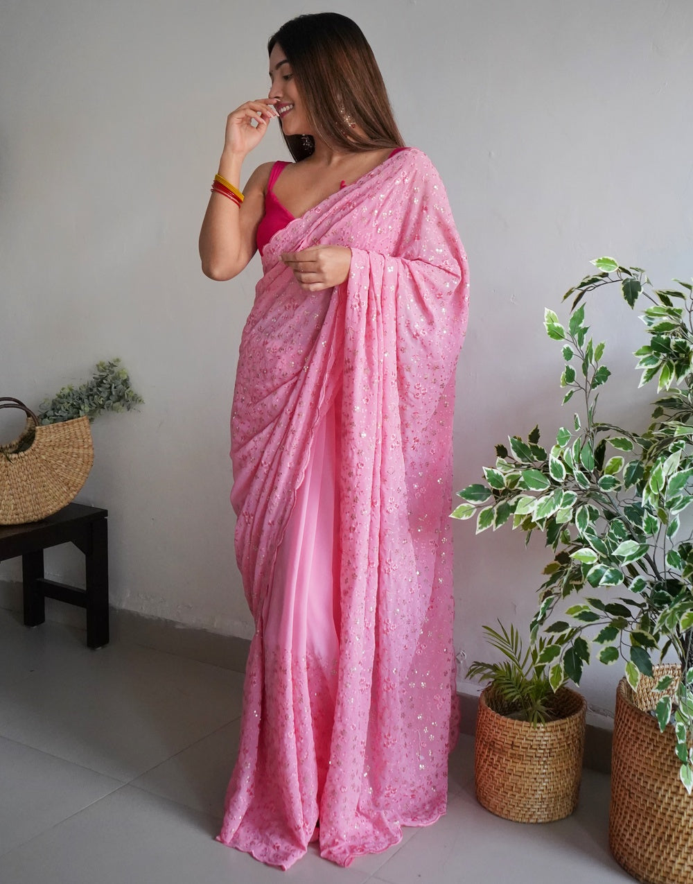 Pink Georgette With Sequence Work  & Piping Border