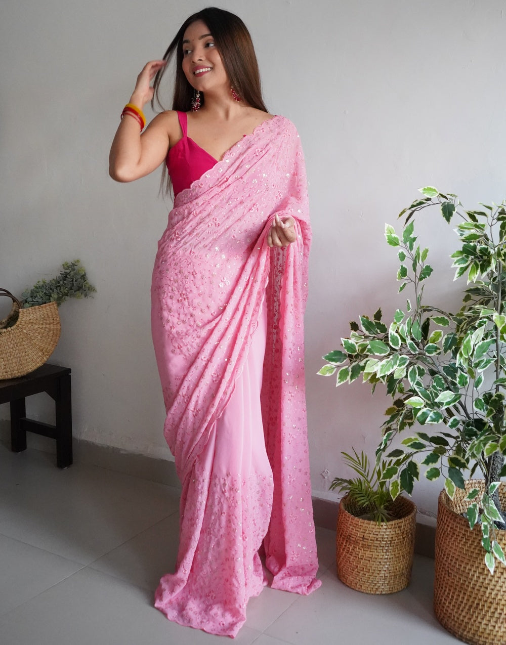 Pink Georgette With Sequence Work & Piping Border