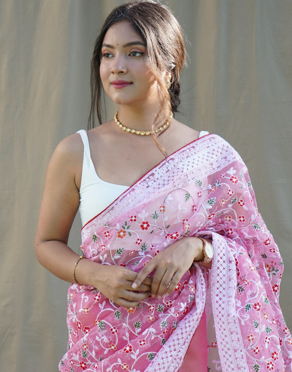 Pink Organza Saree With Embroidery Handwork