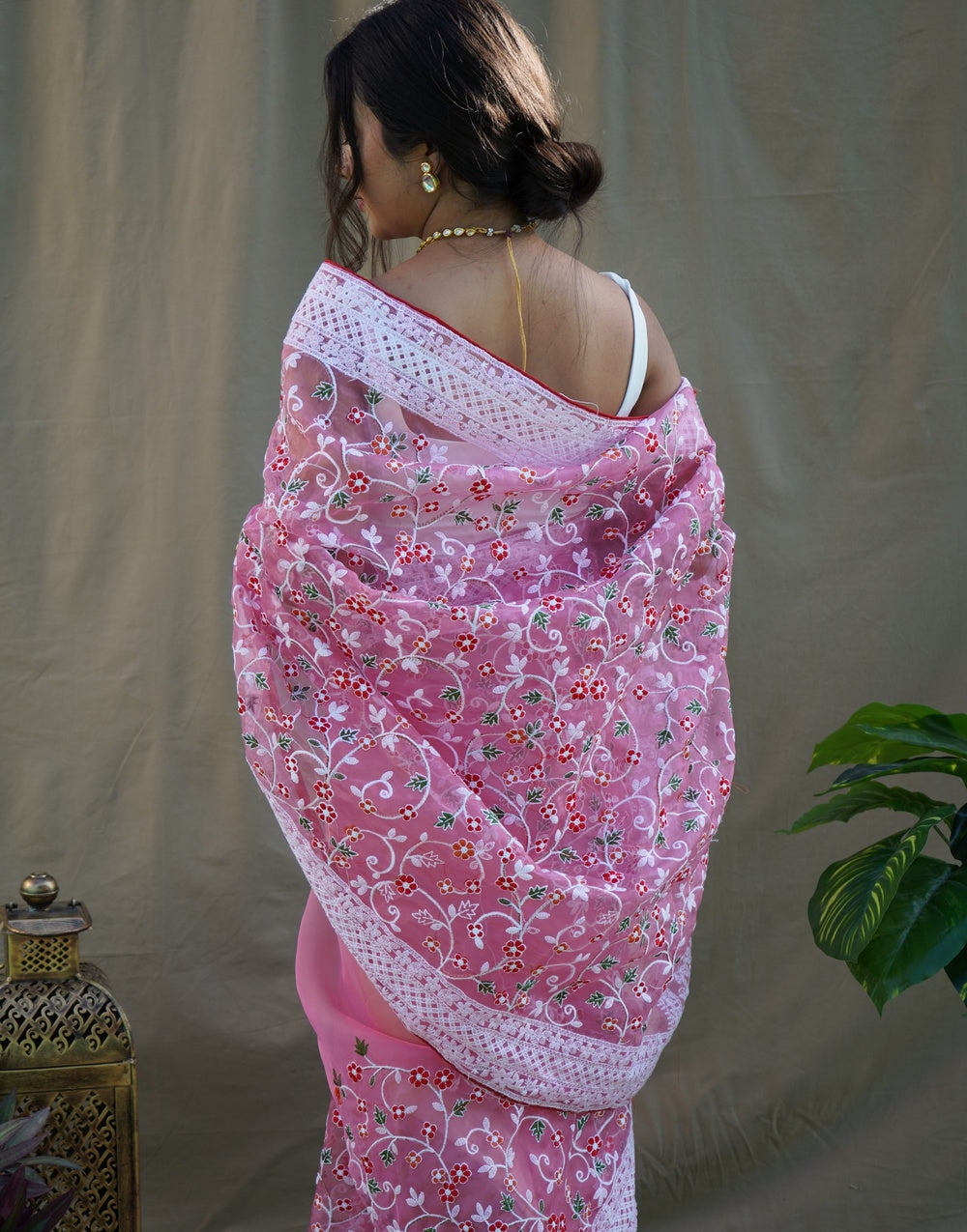 Pink Organza Saree With Embroidery Handwork