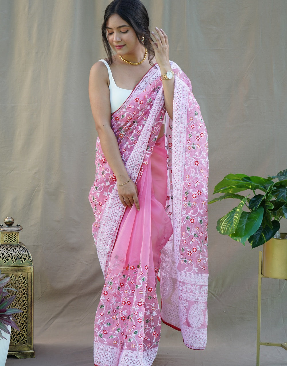 Pink Organza Saree With Embroidery Handwork