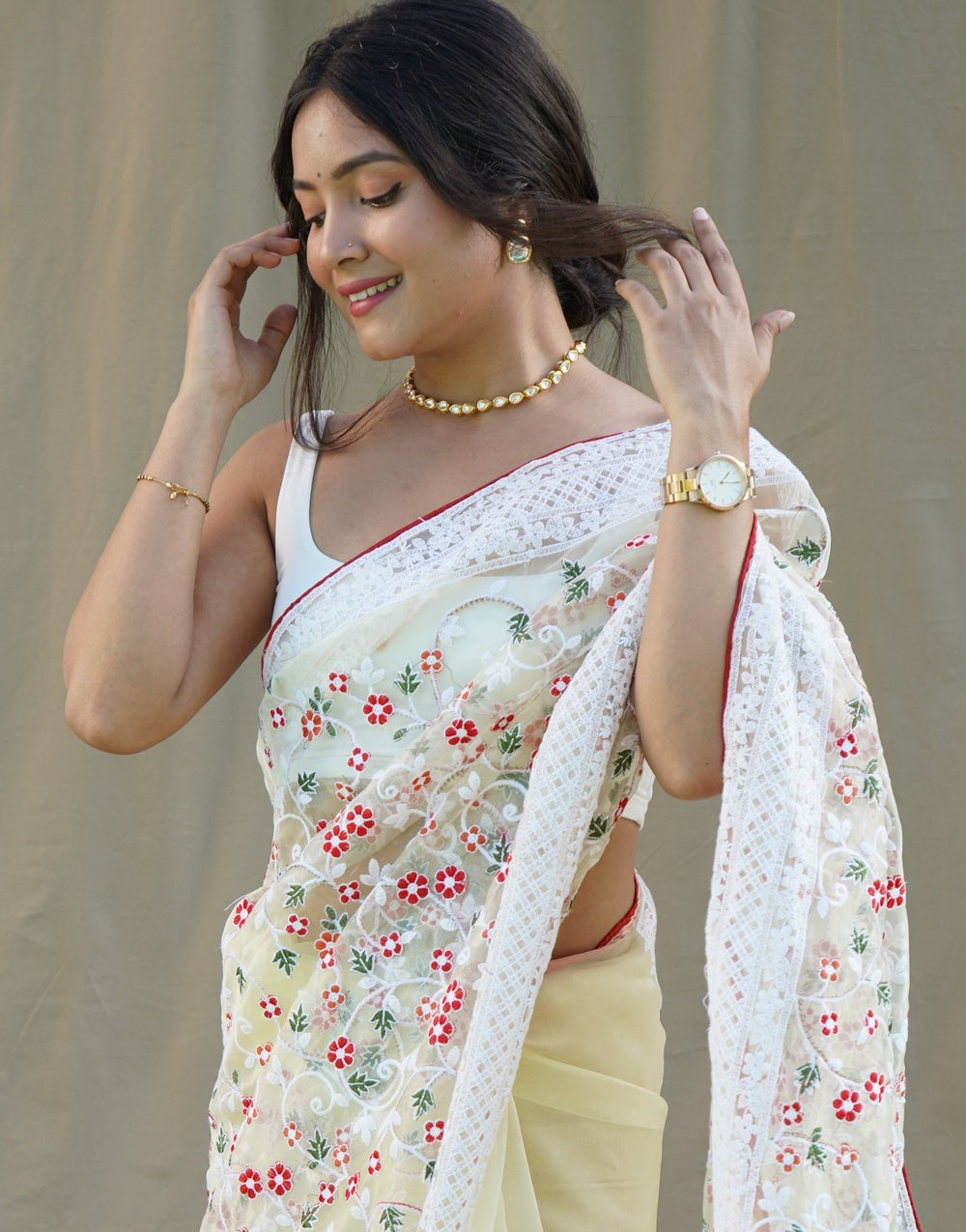 Light Yellow Organza Saree With Embroidery Handwork
