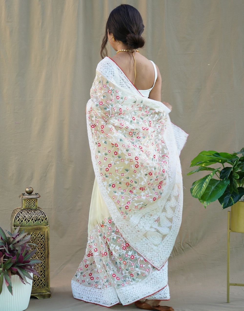 Light Yellow Organza Saree With Embroidery Handwork