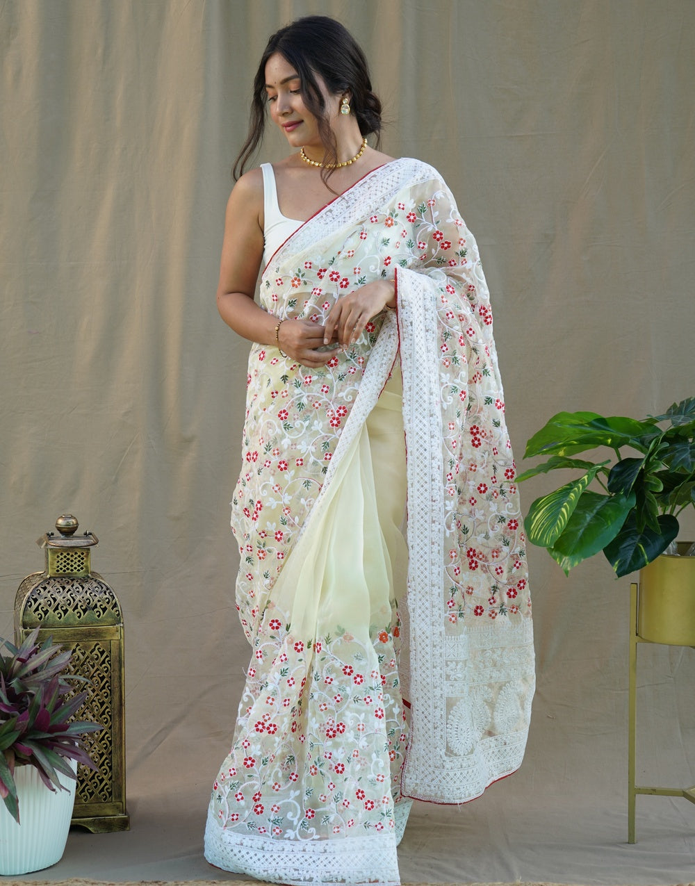 Light Yellow Organza Saree With Embroidery Handwork