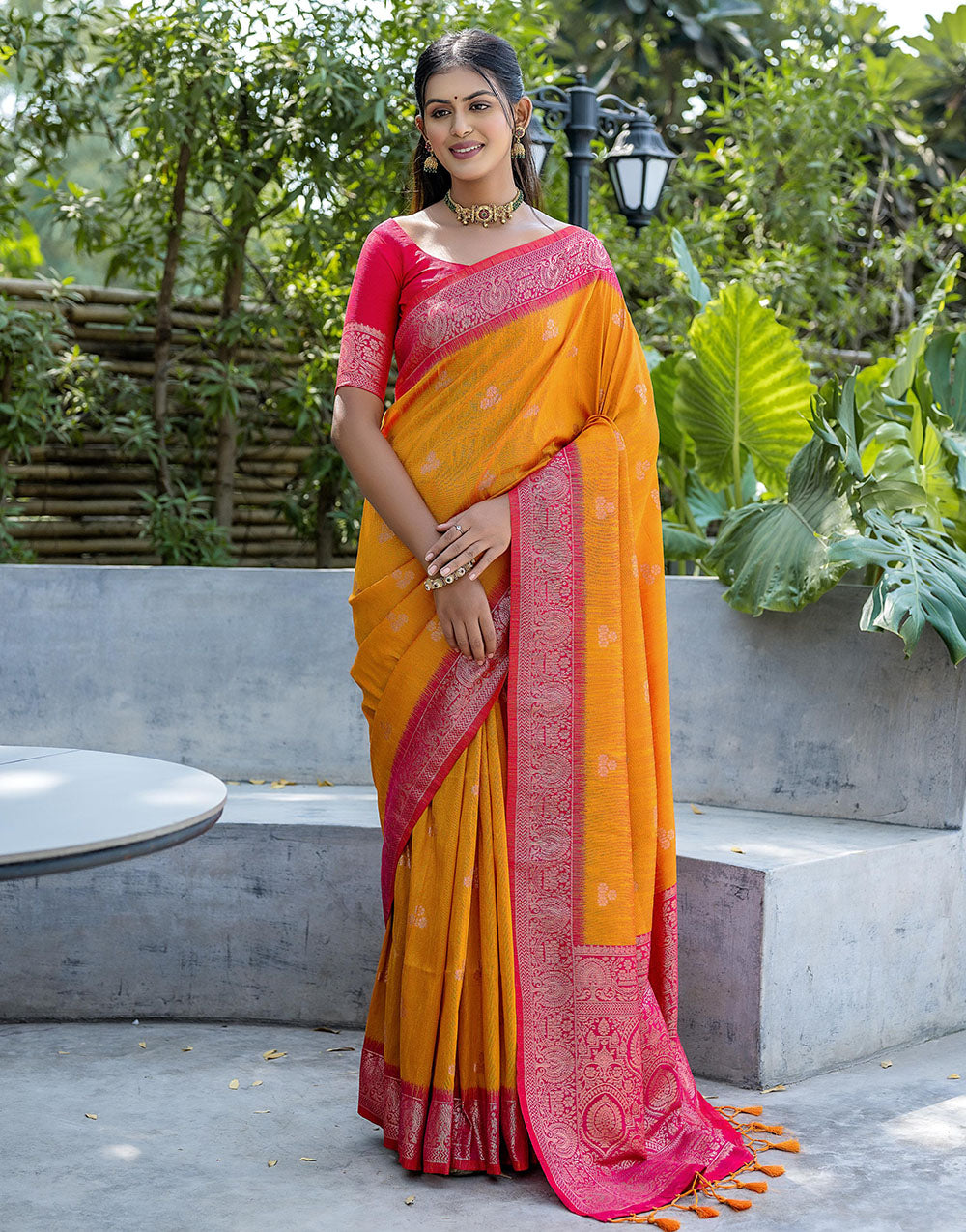 Chrome Yellow Floral Butti Banarasi Silk Saree With Zari Weaving Work
