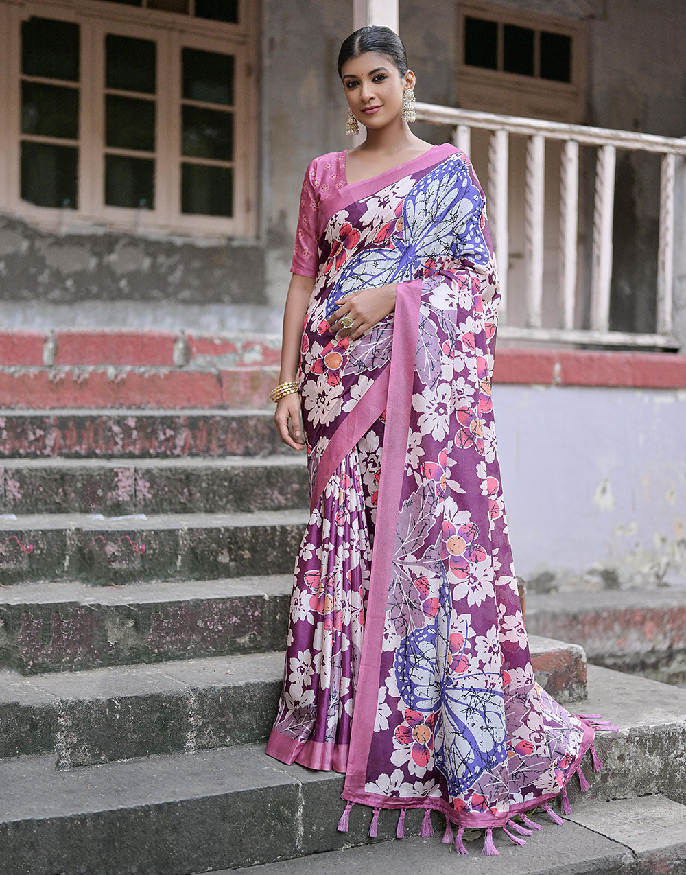 Flamingo Pink & Wine Soft Silk Saree With Floral Printed Work