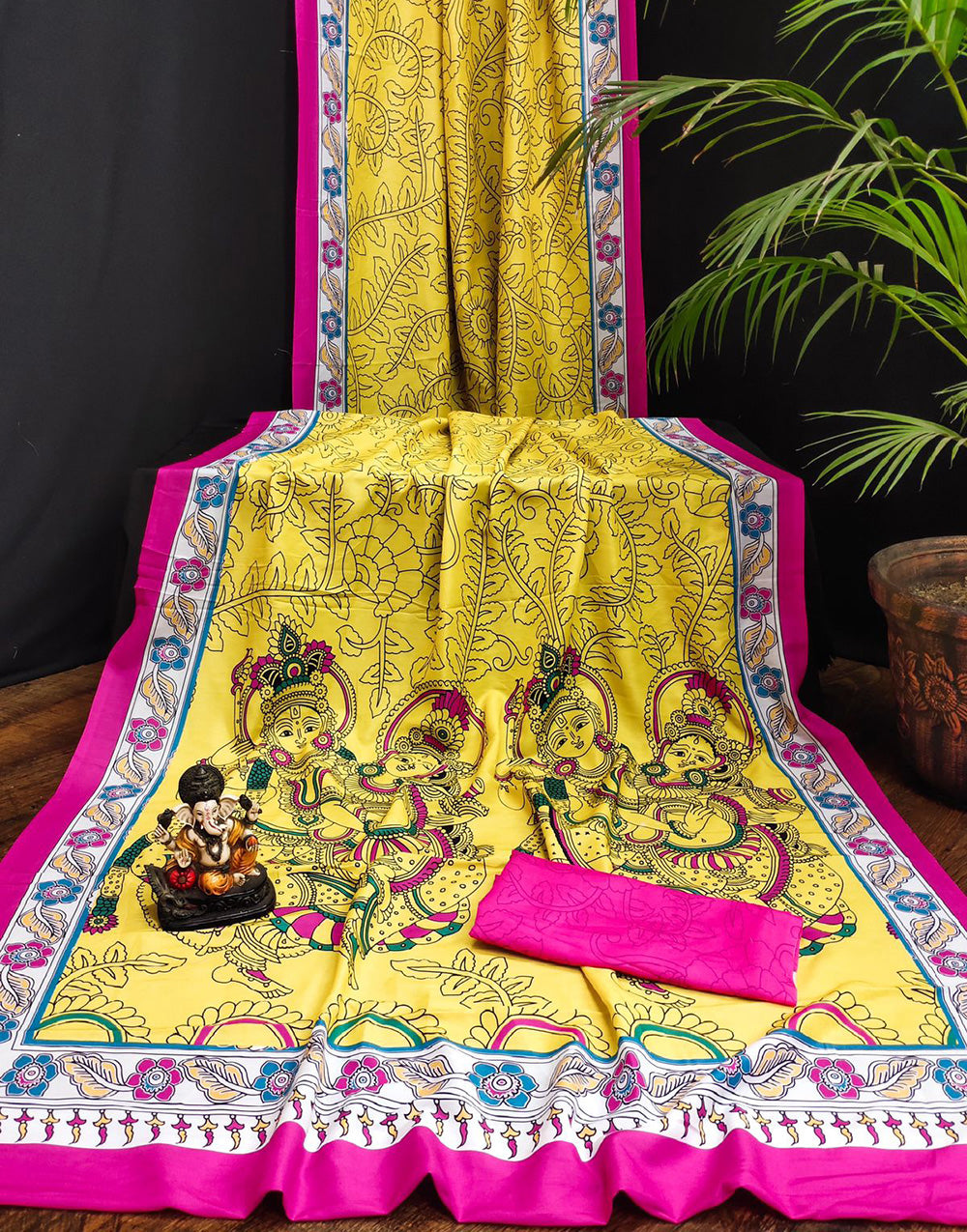 Yellow & Pink Muslin Silk Saree With Kalamkari Printed Work