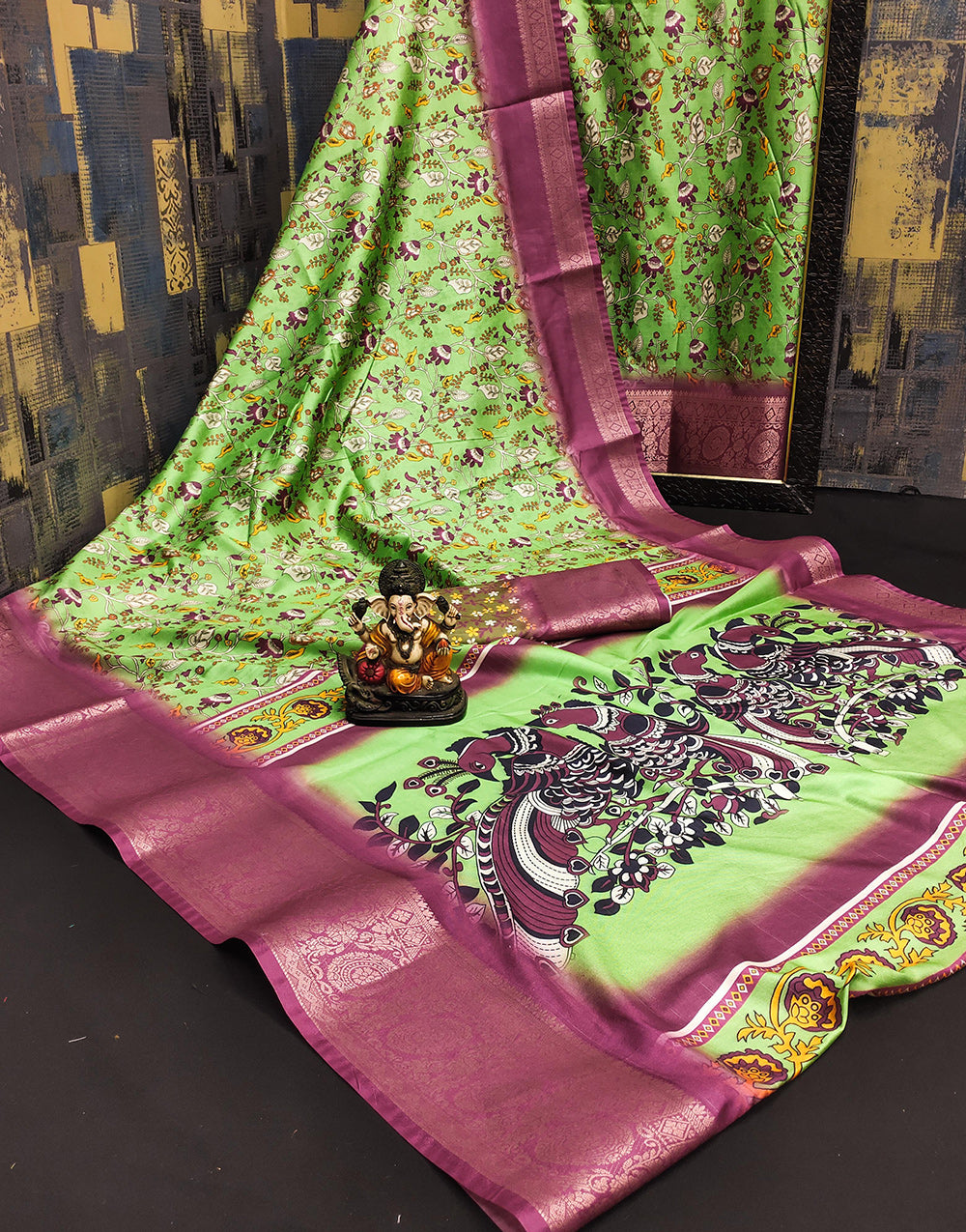 Pista Green Dola Silk With Kalamkari Digital Print & Weaving Work