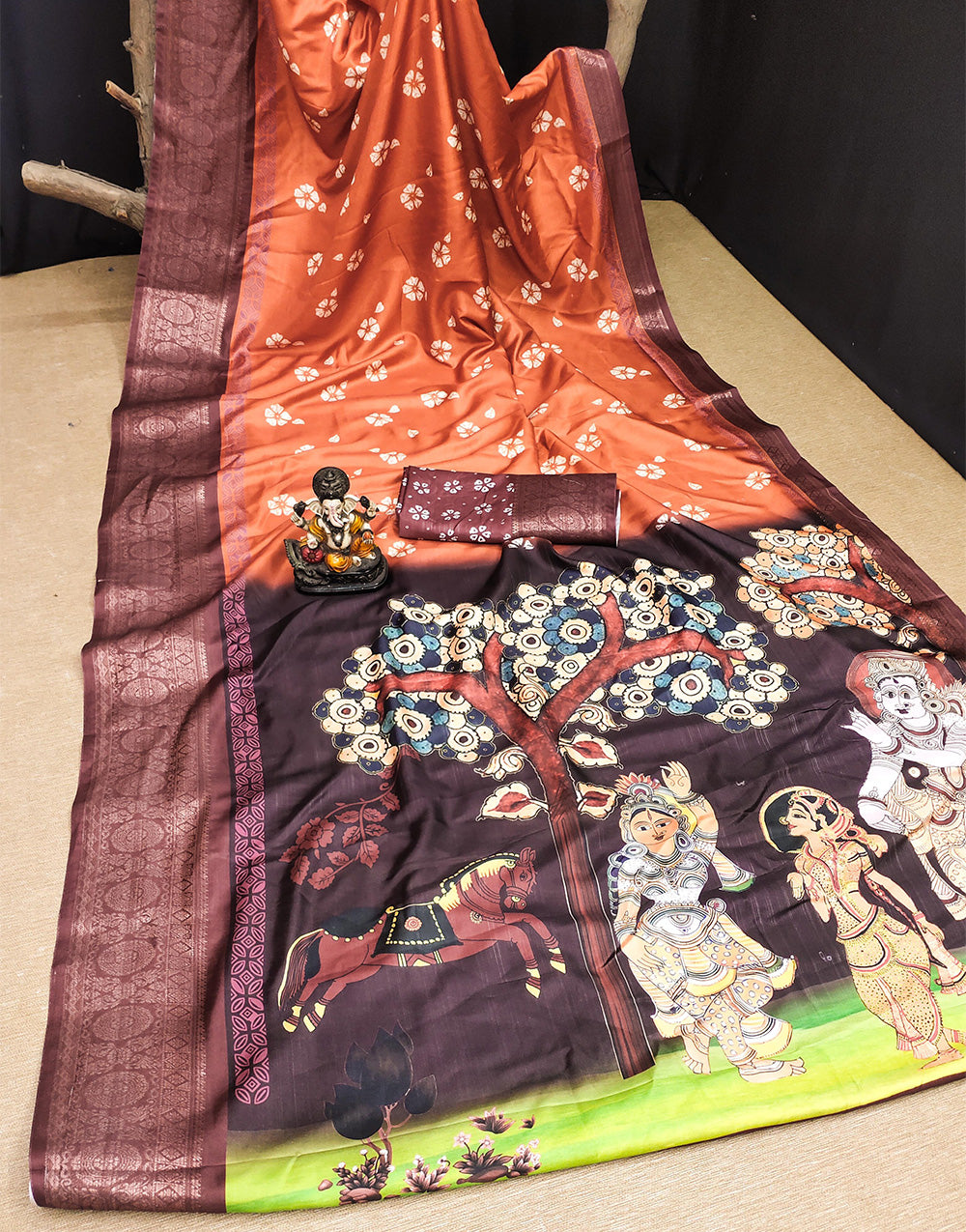 Peach Orange Dola Silk With Digital Printed Saree