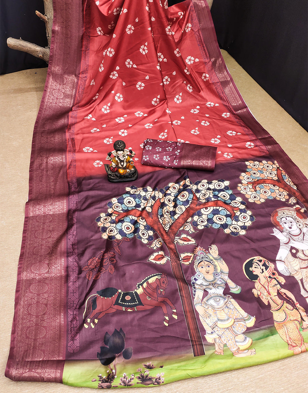 Light Red Dola Silk With Digital Printed Saree