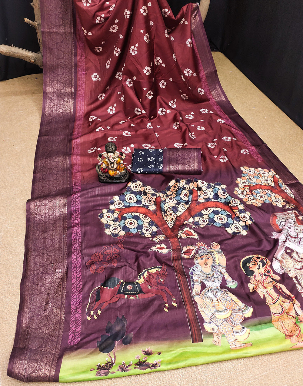 Wine Dola Silk With Digital Printed Saree