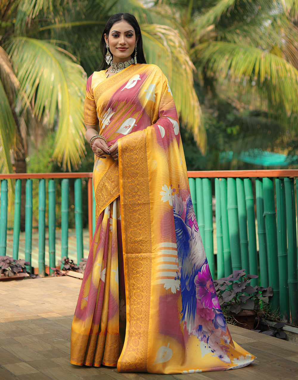 Gold Yellow Dola Silk Saree With Weaving Border Printed Work
