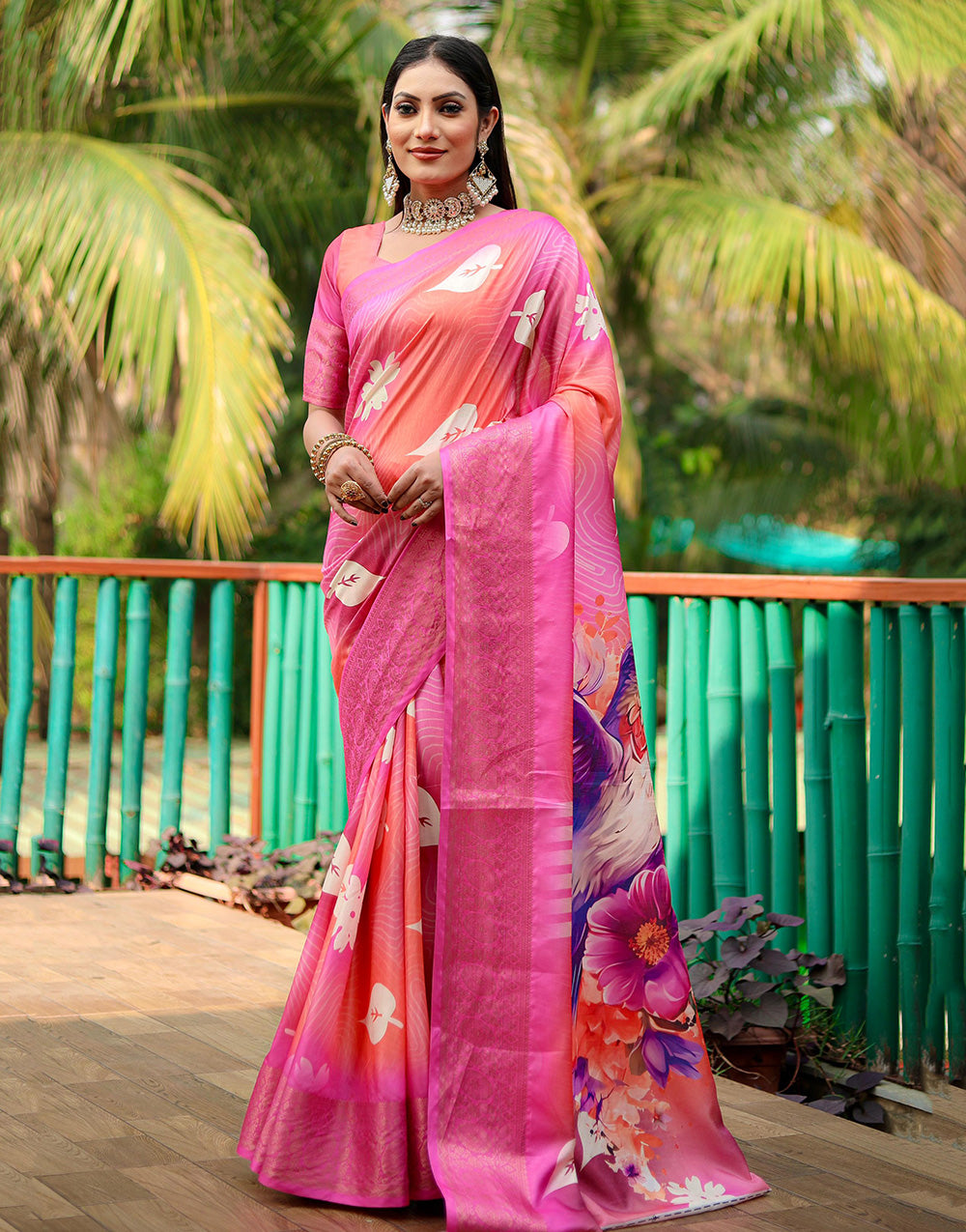 Rose Pink & Peach Dola Silk Sarees With Weaving Border Printed Work