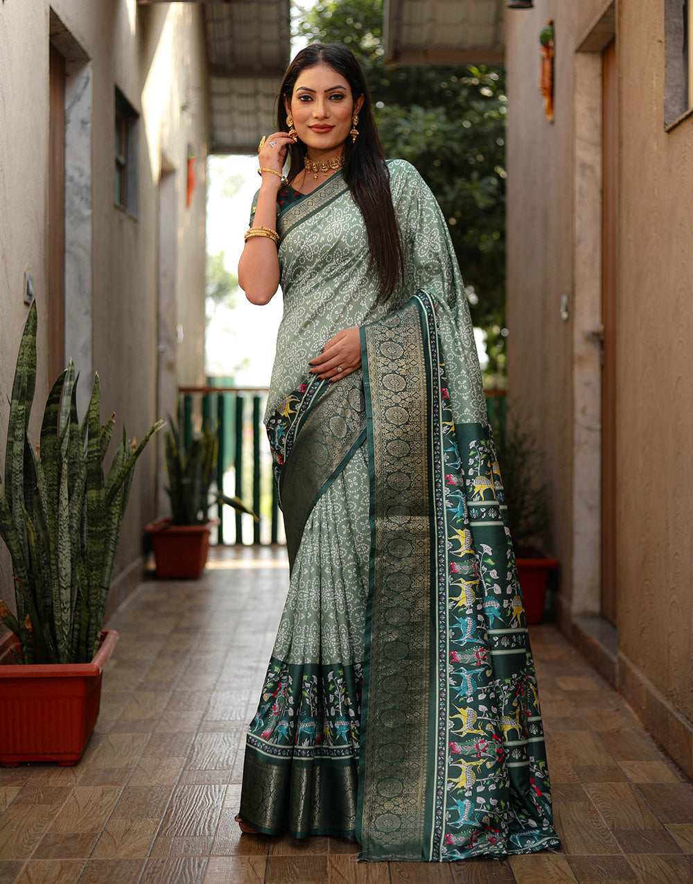 Green Dola Silk Saree With Kalamkari Digital Printed