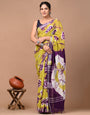 Naples Yellow & Purple Linen Saree With Digital Printed Work