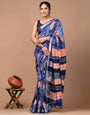 Dodger Blue Linen Saree With Digital Printed Work