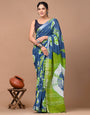 Steel Blue & Green Linen Saree With Digital Printed Work