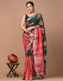 Green & Light Red Linen Saree With Digital Printed Work
