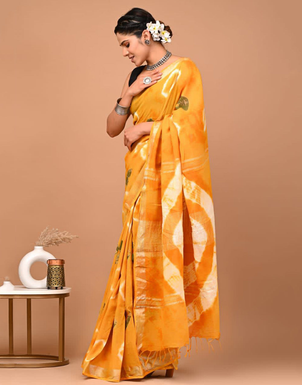 Mustard Yellow Linen Saree With Digital Printed Work