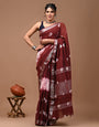 Maroon Linen Saree With Digital Printed Work