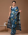 Celadon Blue Linen Saree With Digital Printed Work