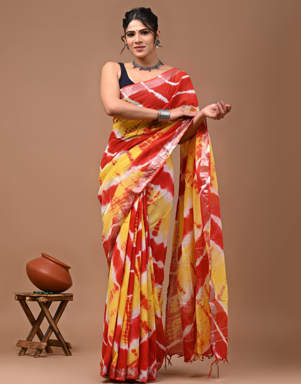 Red & Yellow Linen Saree With Digital Printed Work