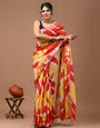 Red & Yellow Linen Saree With Digital Printed Work