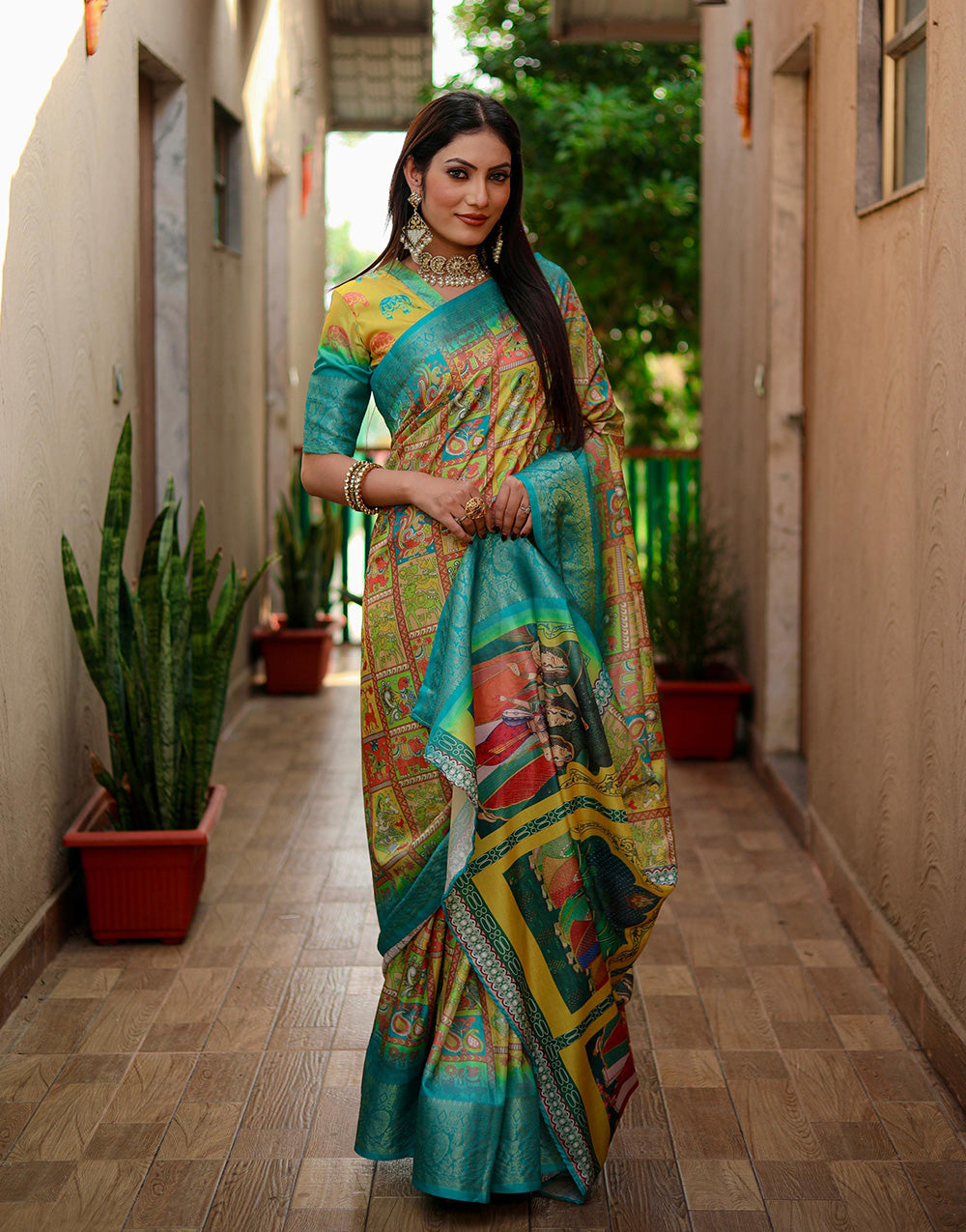 Yellow & Rama Blue Dola Silk With Kalamkari Printed Saree