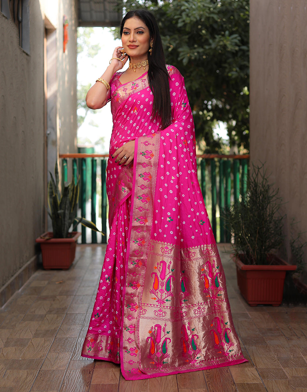 Pink Hand Bandhej Bandhani Saree With Paithni Border