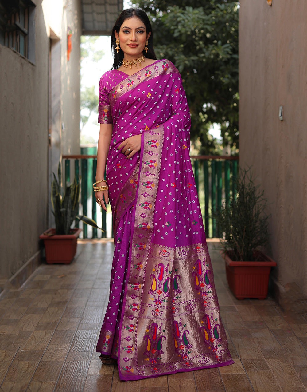 Purple Hand Bandhej Bandhani Saree With Paithni Border