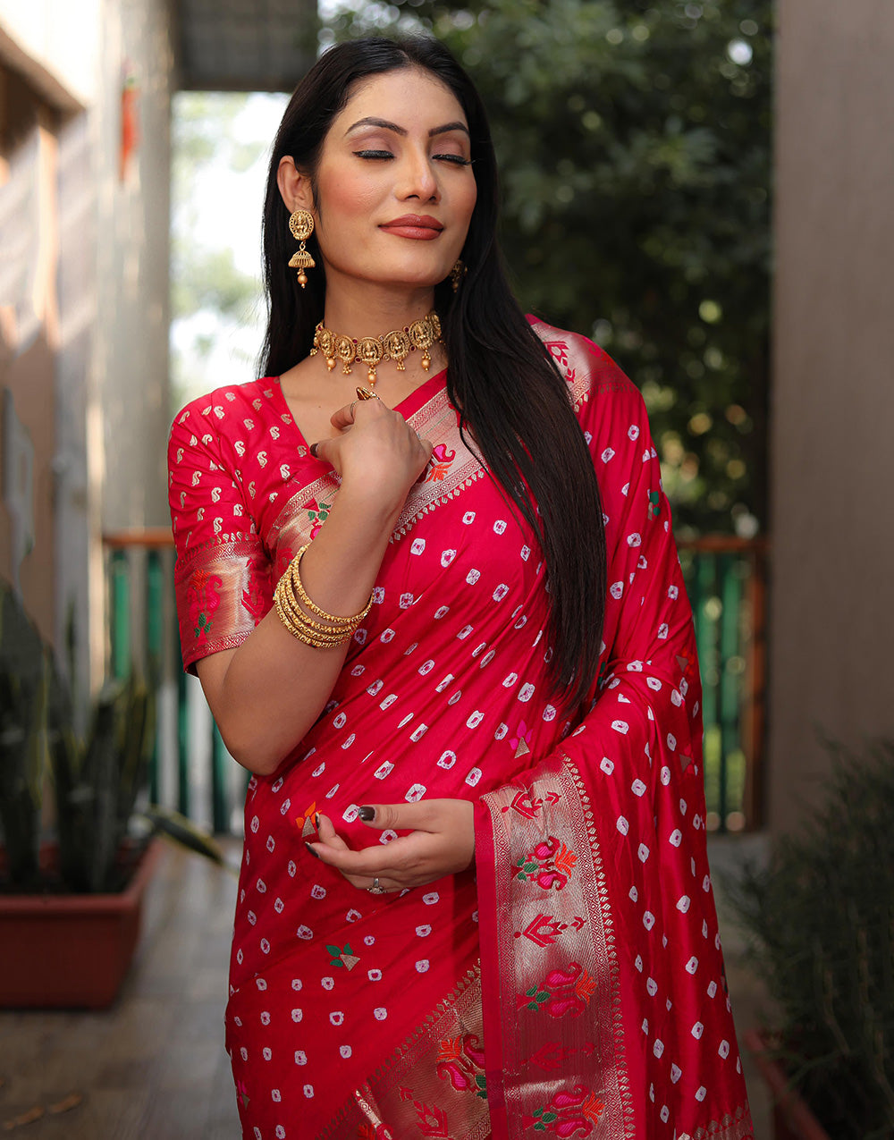 Red Hand Bandhej Bandhani Saree With Paithni Border