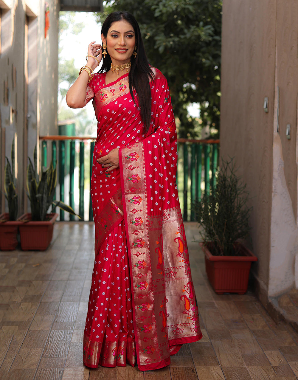 Red Hand Bandhej Bandhani Saree With Paithni Border