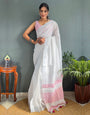 White & Pink Cotton Striped Saree With Tassles On Pallu