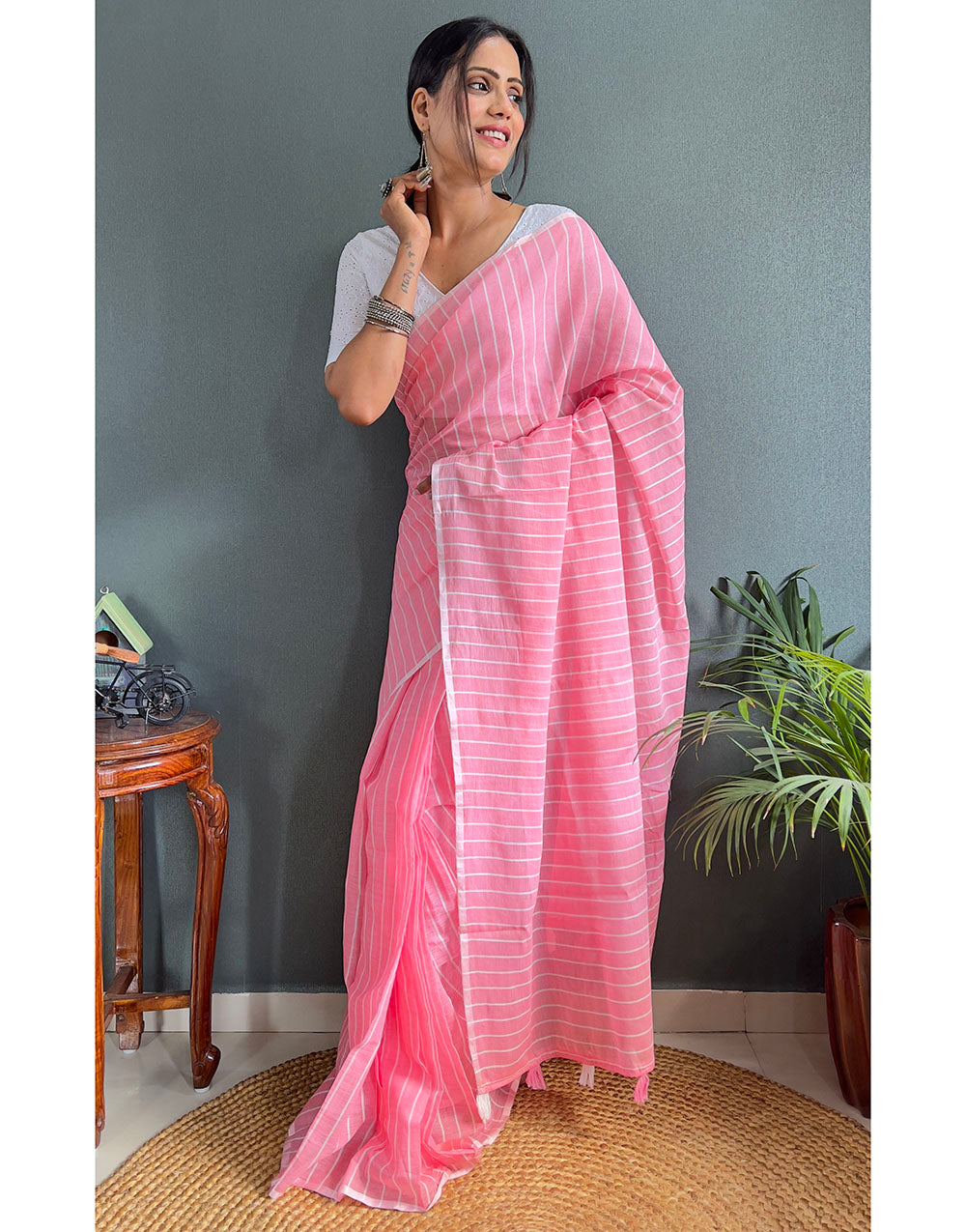 Rose Pink Cotton Striped Saree With Tassels On Pallu