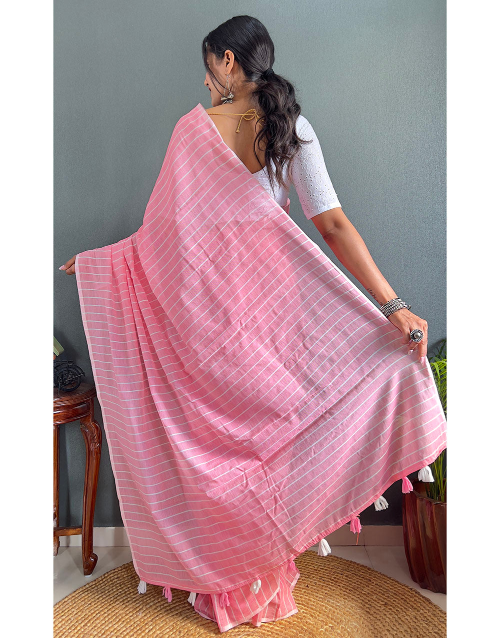 Rose Pink Cotton Striped Saree With Tassels On Pallu