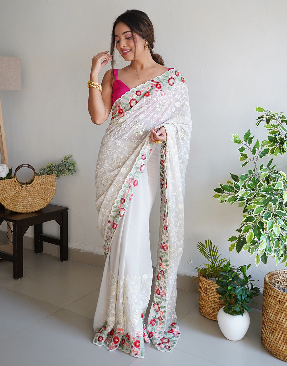 White Georgette Saree With Sequence & Embroidery Work