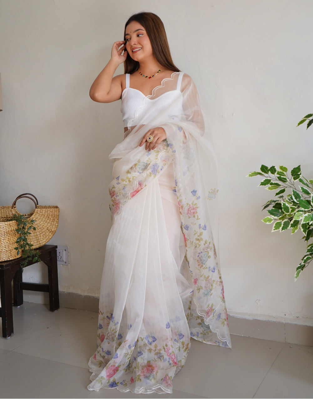 White Organza Saree With Digital Printed
