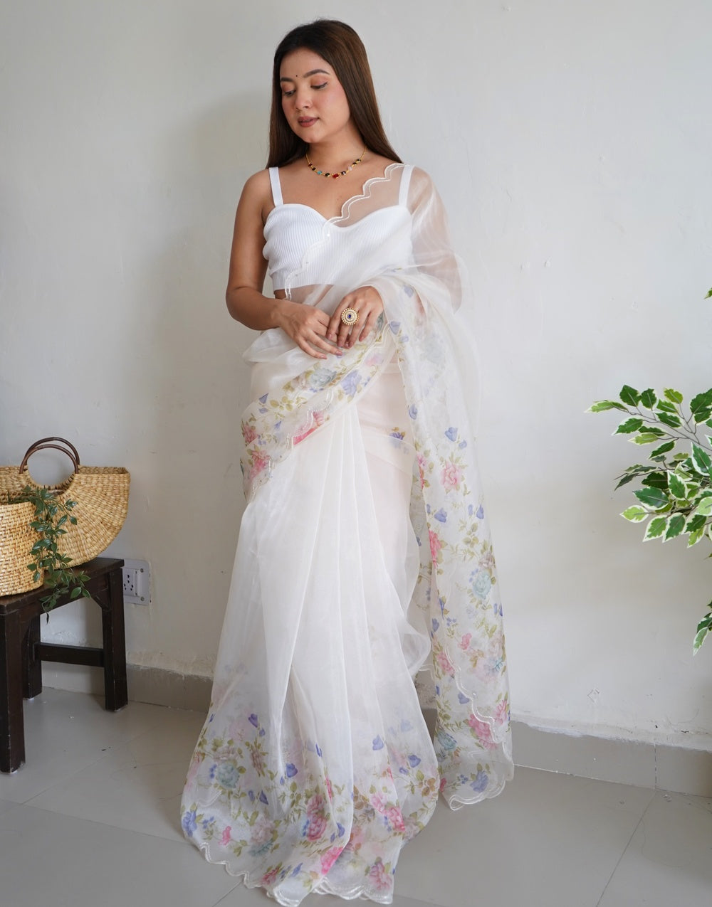 White Organza Saree With Digital Printed
