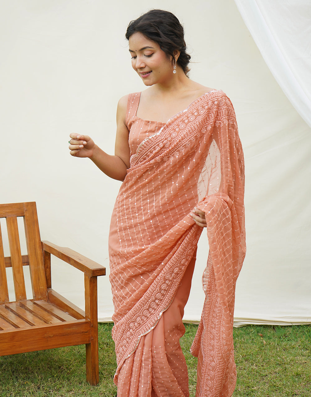 Buff Brown Georgette Saree With Embroidery sequence work