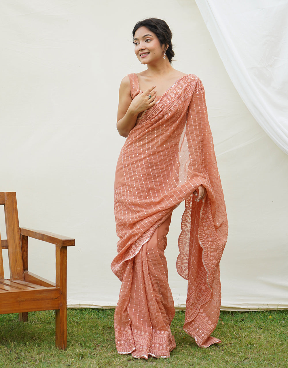 Buff Brown Georgette Saree With Embroidery sequence work