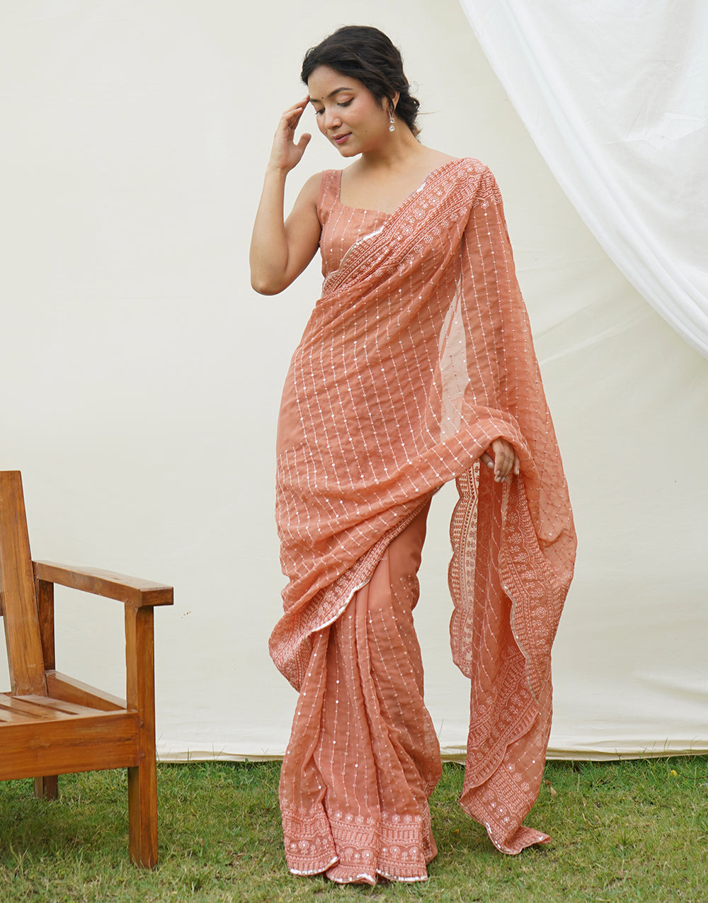 Buff Brown Georgette Saree With Embroidery sequence work