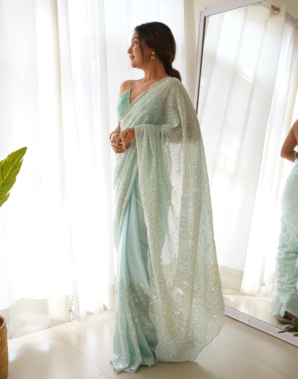 Light Sky Blue Georgette Saree With Sequence Work