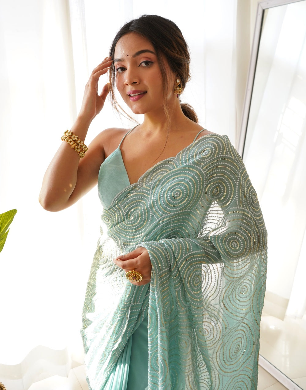 Light Sky Blue Georgette Saree With Sequence Work