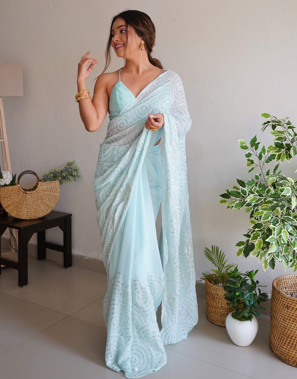 Light Sky Blue Georgette Saree With Sequence Work