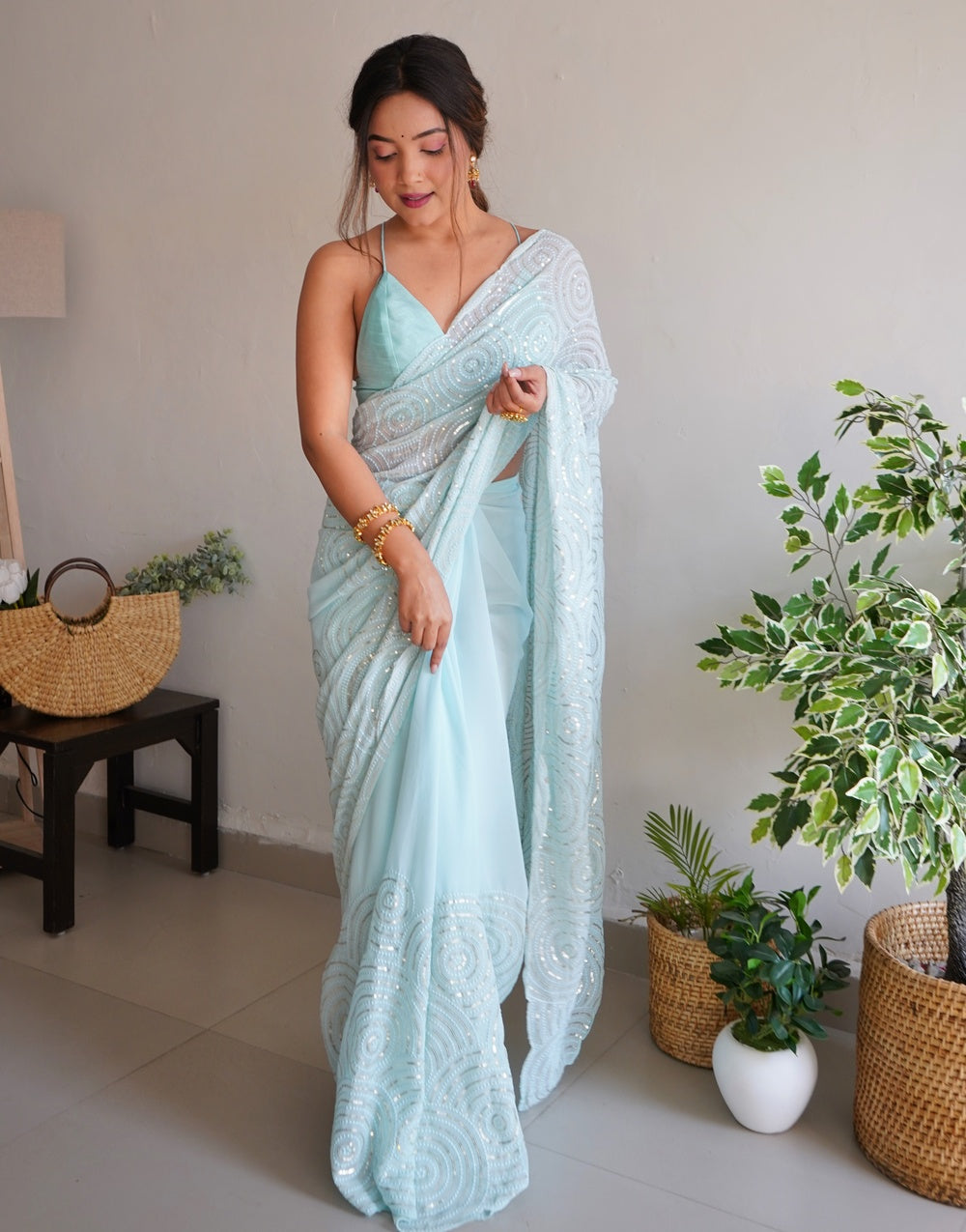 Light Sky Blue Georgette Saree With Sequence Work