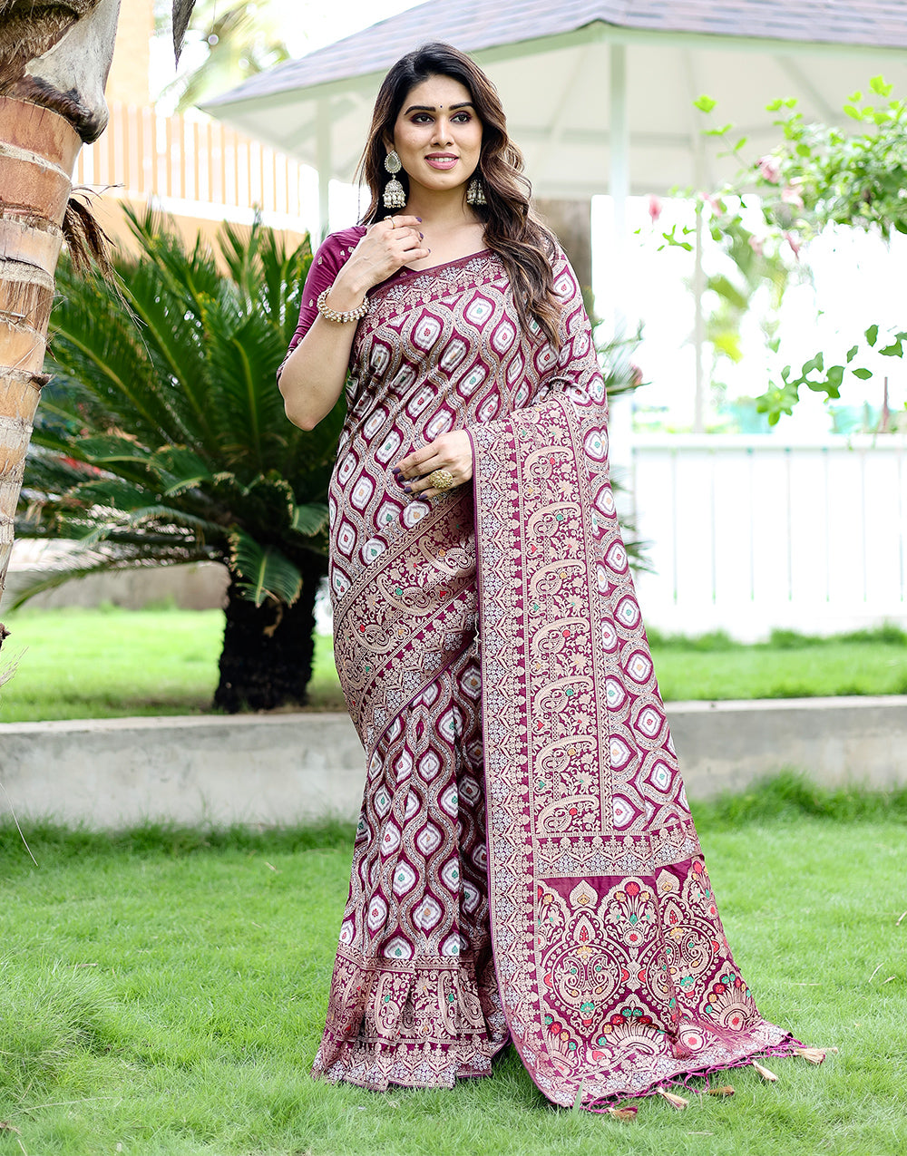 Malbec Wine Kanjivaram Silk Saree With Zari Weaving Work