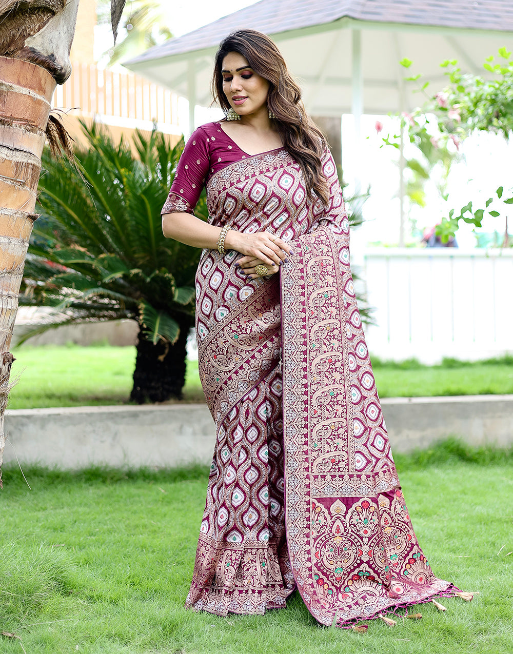 Malbec Wine Kanjivaram Silk Saree With Zari Weaving Work
