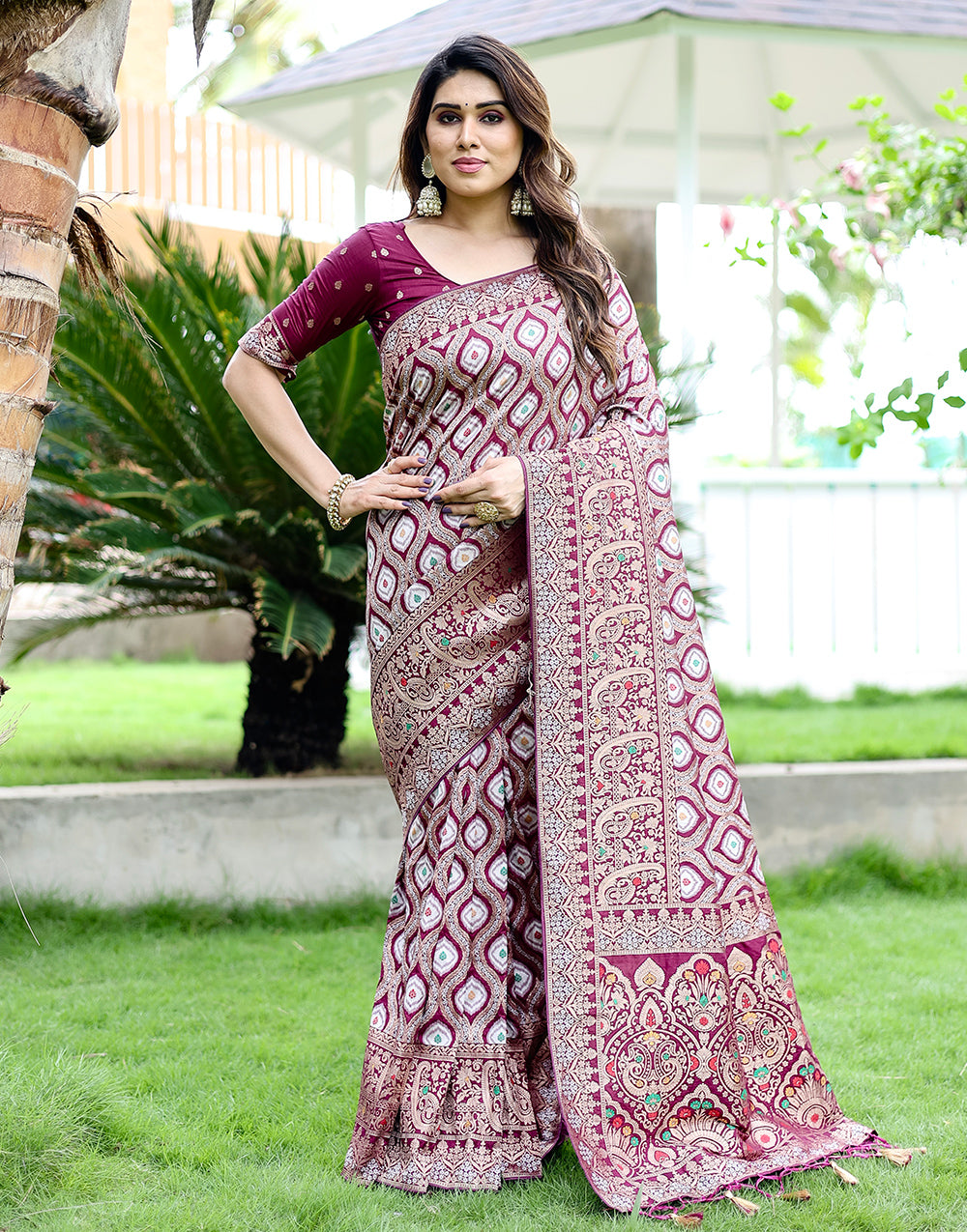 Malbec Wine Kanjivaram Silk Saree With Zari Weaving Work