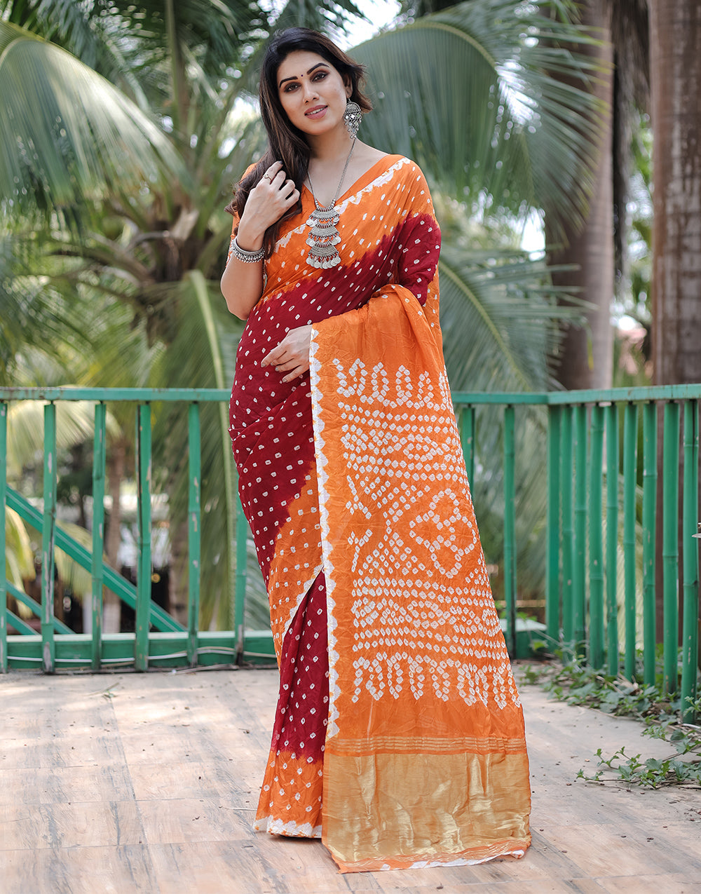 Orange & Maroon Hand Bandhej Bandhani Saree With Zari Weaving Work