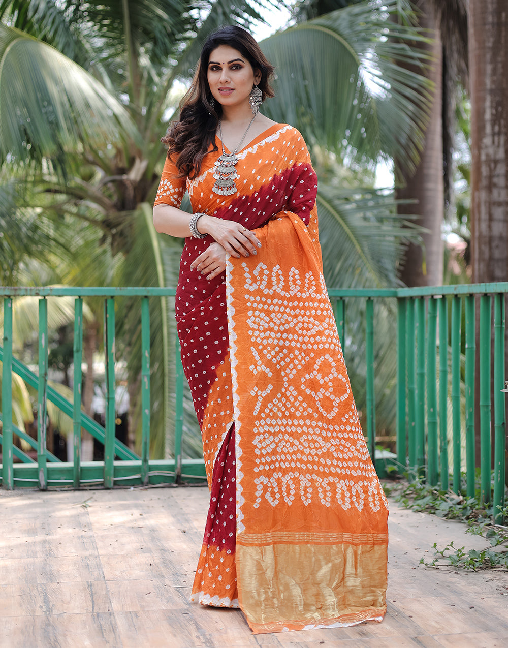 Orange & Maroon Hand Bandhej Bandhani Saree With Zari Weaving Work